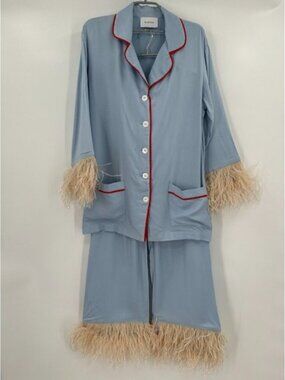 Blue/Beige Pajama Party Set Ostrich Feather Pants & Button Up Shirt sz S